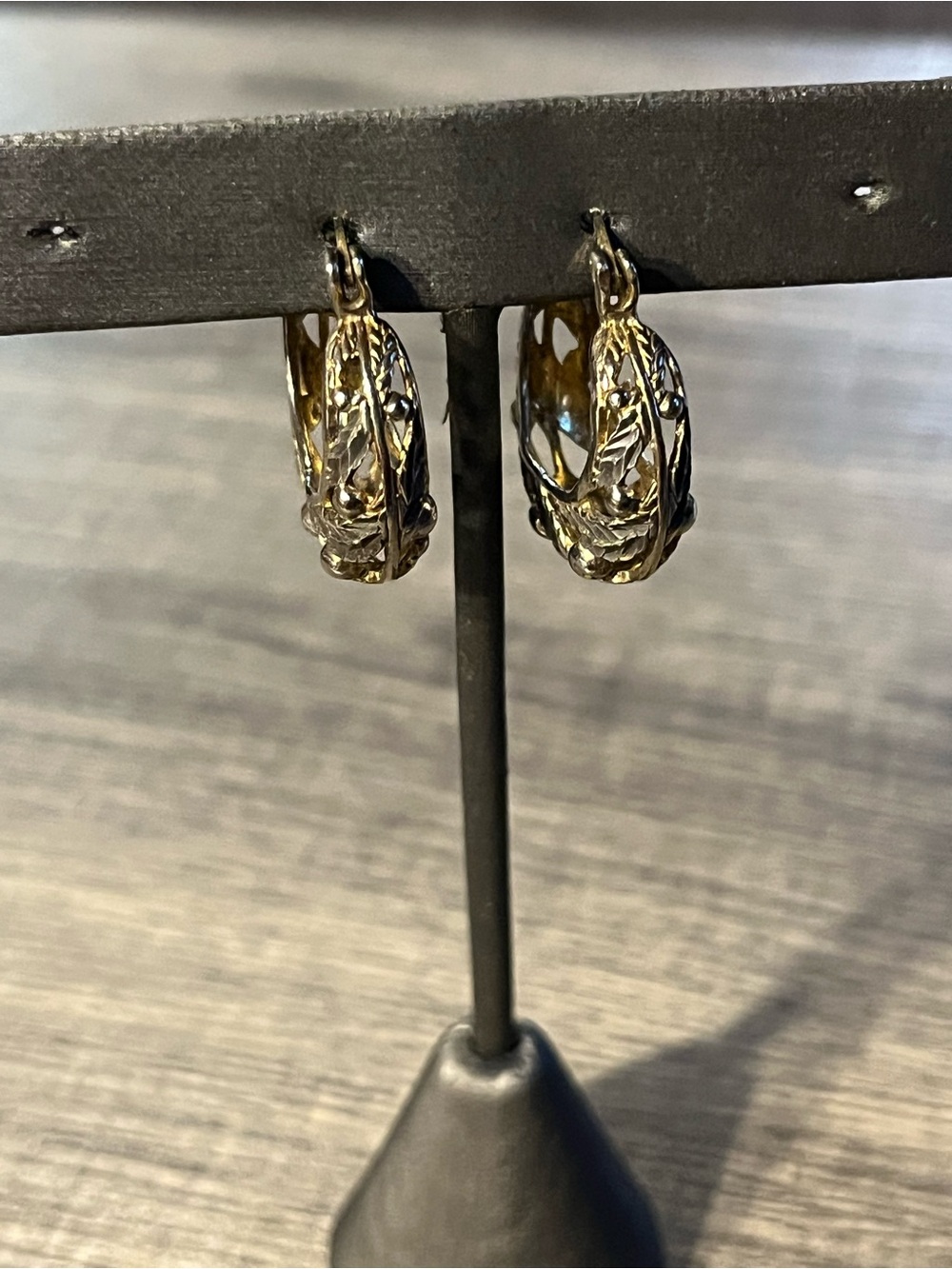 Two tone Sterling silver leaf and ball design hoop earrings. 925